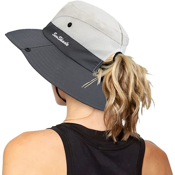 Dame Udendørs UV-Beskyttende Foldbare Solhatte Mesh Bredskygget Strandfiskehat med Hestehalehul