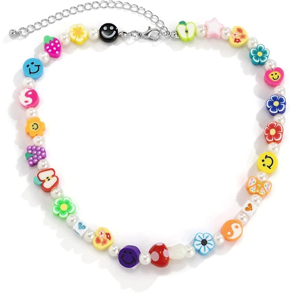 Boho Smiley Flerskiktade Pärlhalsband med Strand Armband, Leende Ansikte Blommor Hjärta Forma Pärlor Pärla Stackabl(Slumpmässig Stil)