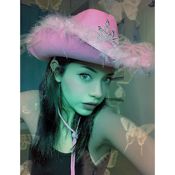 Vaaleanpunainen cowboy-hattu naisille, jossa on helmiä ja tiara-kruunu - Rodeo-juhlat
