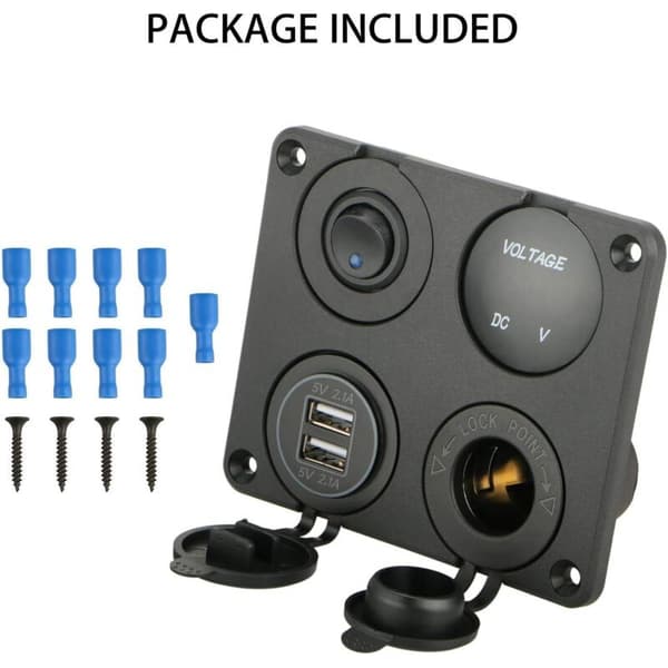 4-i-1 Oplader Panel, 12V 4.2A Dobbelt USB Oplader Udtag Strømudtag & LED Voltmeter - Blå