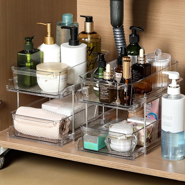 2 Set, 2-nivåers genomskinlig arrangör med avdelare för skåp, MultiUse utdragbar förvaringsbehållare, medicinförvaringsbehållare, under diskbänksorganisering