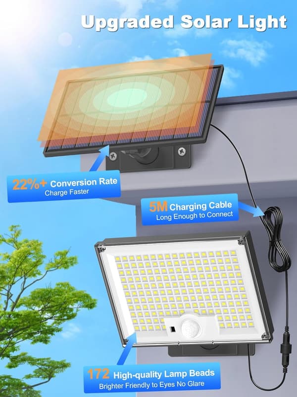Solcellelampe Utendørs 172 LED 3 Moduser Utendørs Solcellelampe Bevegelsessensor, IP65 Solcellelampe (varmt lys)