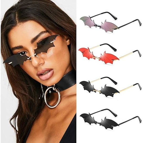 Flaggermus Solbriller Uten Innfatning Goth Briller for Kvinner Menn Halloween Fest Briller Trendy Briller UV 400 Beskyttelse Red