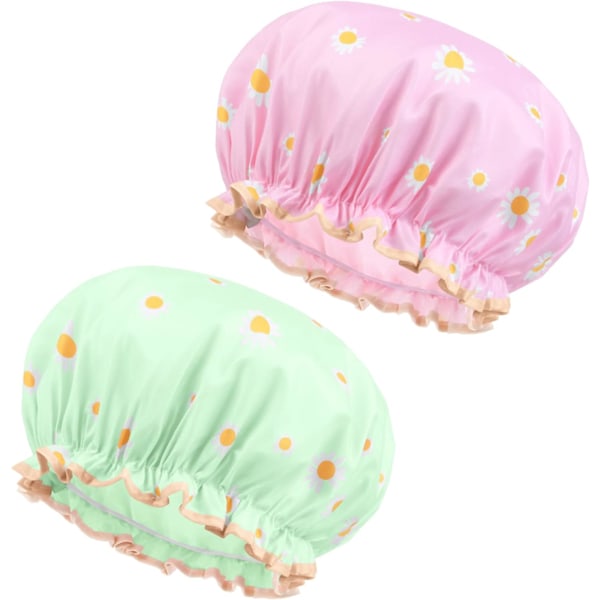 Duschmössa för Kvinnor, 2-pack Återanvändbara Duschmössor, Elastisk Badmössa med Dubbla Lager, Vattentät Prickmönstrad Hårmössa för Resor (Rosa+Grön)