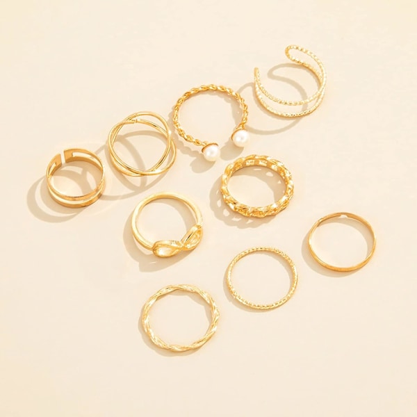 Boho Perle Infinity Knokeleddsringsett Lucky 8 Bølge Twist Knokeleddsringer Kostyme Stablebare Ringer for Kvinner Jenter Menn (Gull)