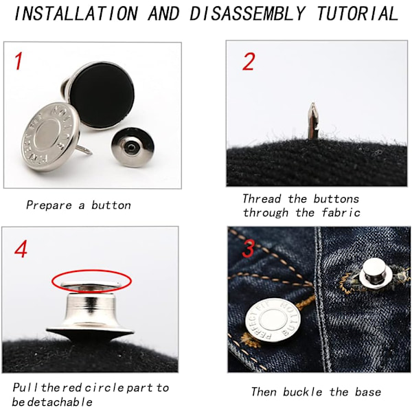 10 stk. erstatningsjeansknapper, knappnåler for jeans, 17 mm justerbar og avtakbar metalljeansknapp, jeansknapper, for jakker osv.