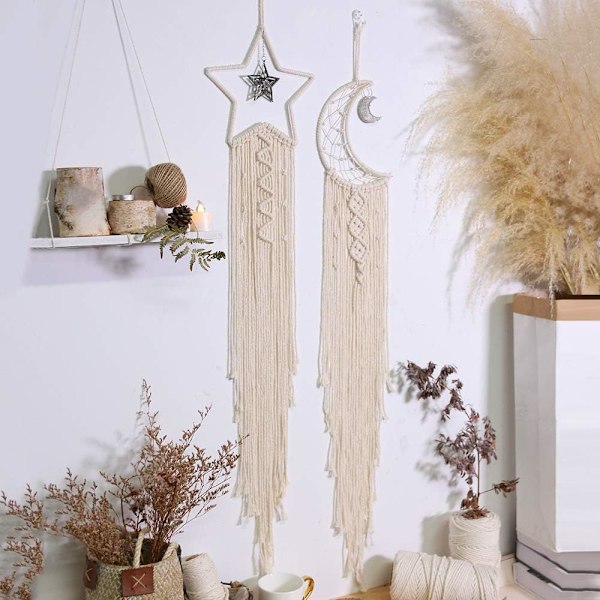 Pieces Macrame Vægophæng Stjerne Måne Drømmefanger Tapestry Boheme Hjemmeindretning Håndvævet Dekoration til Soveværelse