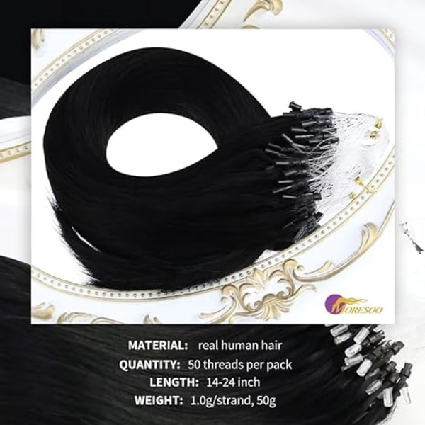 Micro Ring Hair Extensions Mörksvart Människohår #1 50 g/50 trådar