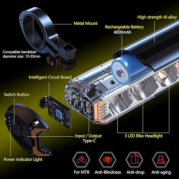 1200 lumen super ljus LED-cykel CBght, USB uppladdningsbar, IPX5 vattentät
