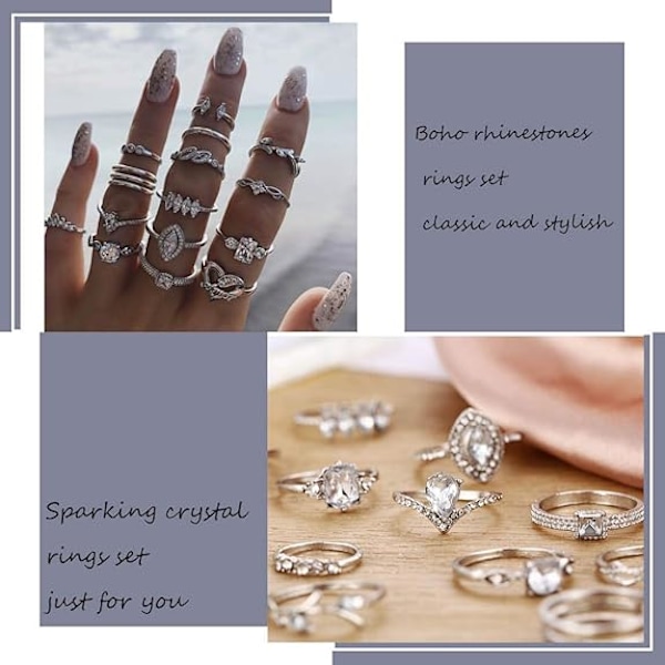 Vintage Ädelstensring Set Silver Kristall Knog Stacking Boho Blomma Måne Mellanringar Smycken (15 st)