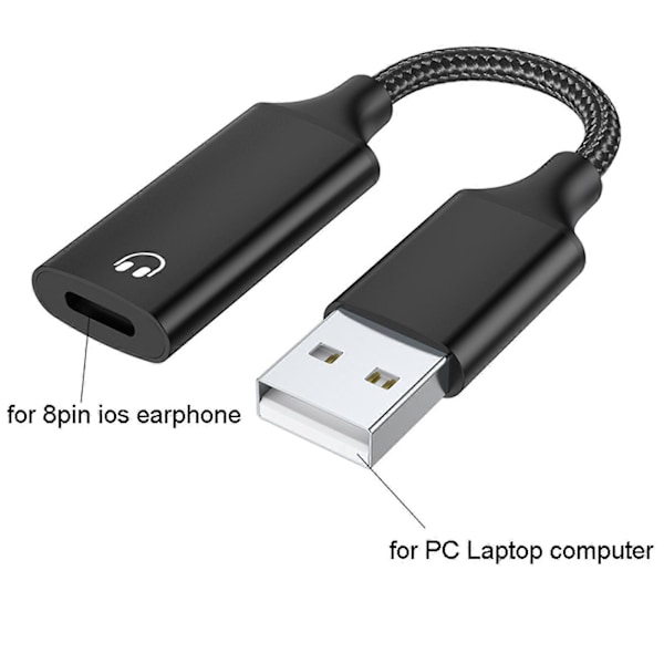 USB til 8-pinners iOS Hodetelefon Samtale Konverter Kabel Adapter Ledning for Datamaskin Laptop Black
