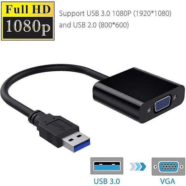 USB 3.0 til VGA Adapter Konverter, 1080P USB til VGA Video Grafikkort Skjerm Ekstern Kabel Adapter