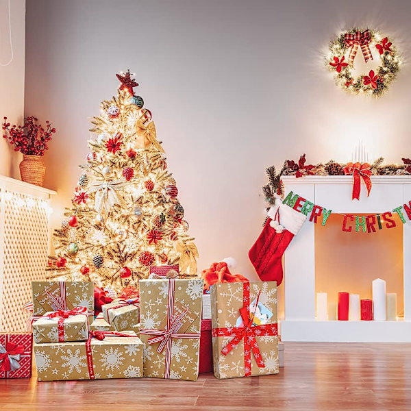 15m Rulle Kraft Vit Snöflinga Presentpapper, Återvinningsbar ECO-Present För Födelsedagspresent Fest Juldekorationer (15m x 43cm)