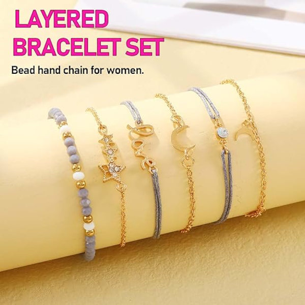 6 st Boho Armband Stjärnor och Måne Kristall Ädelsten Armband Guld Handgjorda Pärlor Kedja för Kvinnor