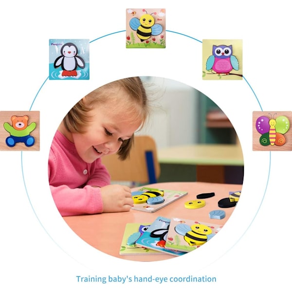 Træpuslespil til 1-3 årige, 5 stk. puslespil til småbørn, dyreformede klodser, tykke puslespil, Montessori trælegetøj