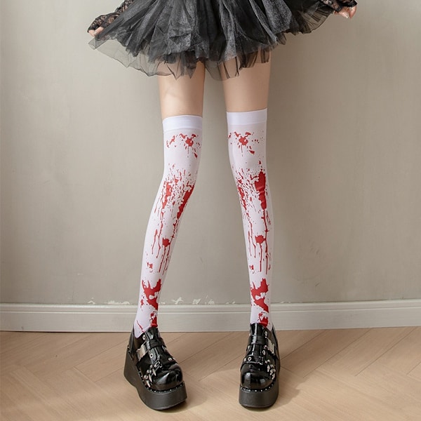 Damstrumpor Höga Strumpor för Halloween Cosplay Kostym, 2 Par (Blodfläckade) Vita och Röda