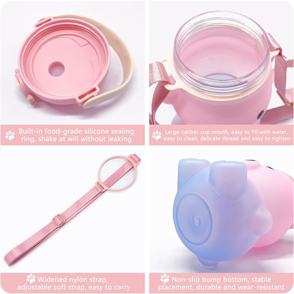 Søt Bjørn Vannflaske med Stropp og Sugerør, 800ml Kawaii Barne Vannflasker, Lekkasjesikre Plast Drikkekrus for Jenter Camping Piknik Fotturer