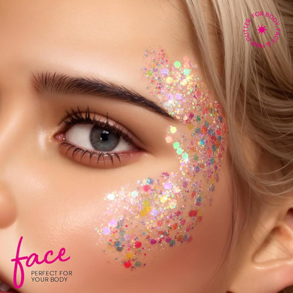 Rave Festival Blandning av Grovt och Fint Glitter, 32 Färger Iridescent Löst Glitter, Kosmetiskt Smink Ansikte Kropp Hår Glitter