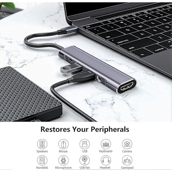 Usb C - Hdmi -sovitin Ipad Prolle 3,5 mm:n kuulokeliitännällä, 4K Hdmi, Usb 3.0, Usb C -virransyöttölataus