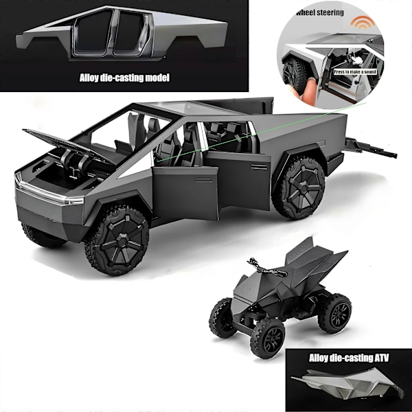 Legetøjslastbiler med motorcykel Die-Cast Metal Cyber Truck Model Pickup Truck 1/32 Legetøjsracerbiler med lyd og lys Gave