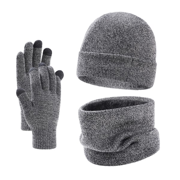 Höst och vinter tredelad mössa, handskar och halsduk set Grey