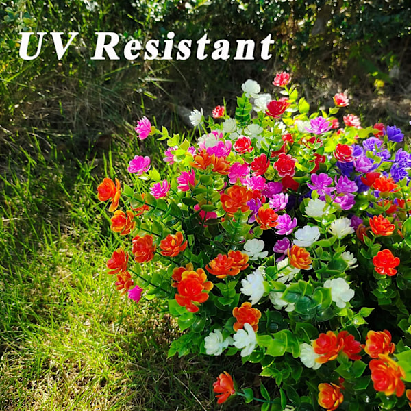 21 Bunter Kunstpflanzen für Draußen, UV-beständig, Kunstbüsche, künstliche Blumen aus Plastik, unechte Pflanzen für Haus- und Gartendekoration (7 Farben)