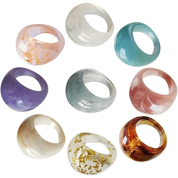 9 Stykker Stabelbare Resin Ringe Bred Tyk Kuppel Retro Chunky Ringe Tyk Kuppel Elegant Flerfarvet Akryl Resin Ring