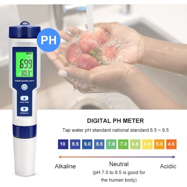 Elektronisk PH-mätare, 5 i 1 poolvattentestare med bakgrundsbelysning, PH/TDS/EC/Salinitet/Temperatur med ATC, för dricksvatten, akvarium