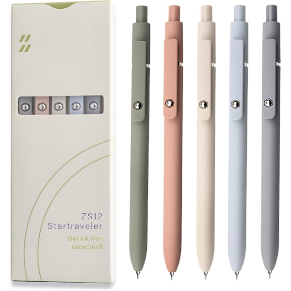 Gel Penne, 5 stk. 0,5 mm sorte blækpenne, fine spidser, glatte skrivepenne med silikonegreb (5 stk. Morandi)