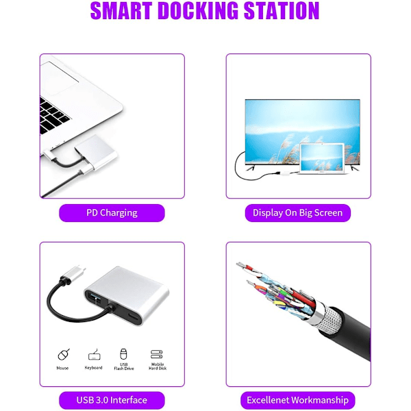 USB C till Type C, 4-i-1 USB-hubbar, Dubbel skärmvisning, USB C till 4K HDMI/HDTV, VGA-adapter, USB 3.0-laddning