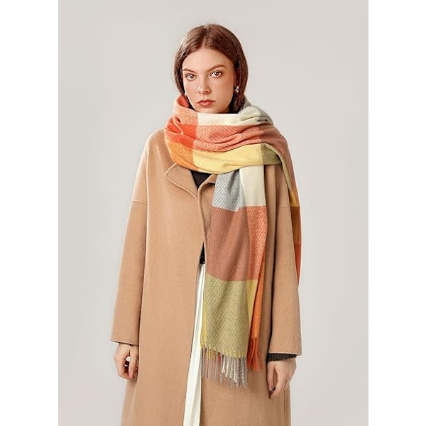 Halstørklæder til Kvinder Vinter Tørklæder Tartan Wraps Lang Spinding Kvast Sjal Stola Damer Varmt Halstørklæde Orange&yellow