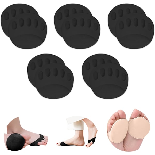 Boll av fotkuddar bikakeväv metatarsal dynor osynliga strumpor dynor för kvinnor återanvändbara framfot dynor (5 par-beige/5 par-svart)