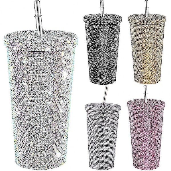 500ml Halmkopp med Lock Återanvändbar Rhinestone Rostfritt Stål Dubbelskikts Termosmuggar Kvinnor Glitterkopp Vattenflaska Present Purple