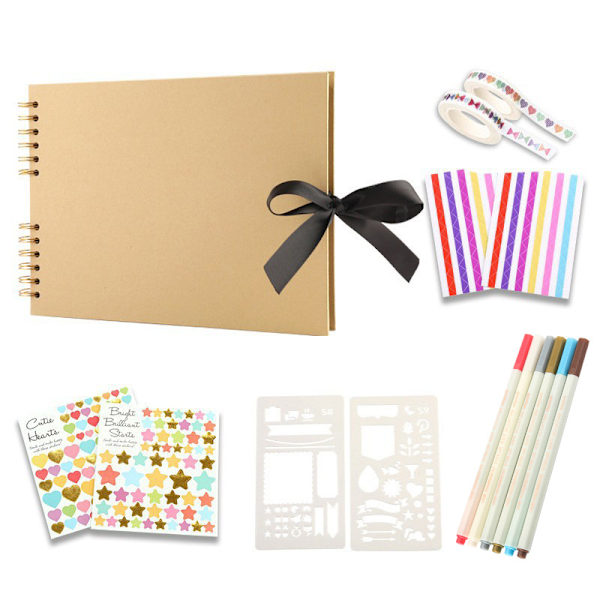 Fotoalbum för Scrapbooking, 80 Svarta Sidor, DIY Minnesbok för Scrapbooking för Bebisar och Barn, med 6 Metalliska Pennor, Beige