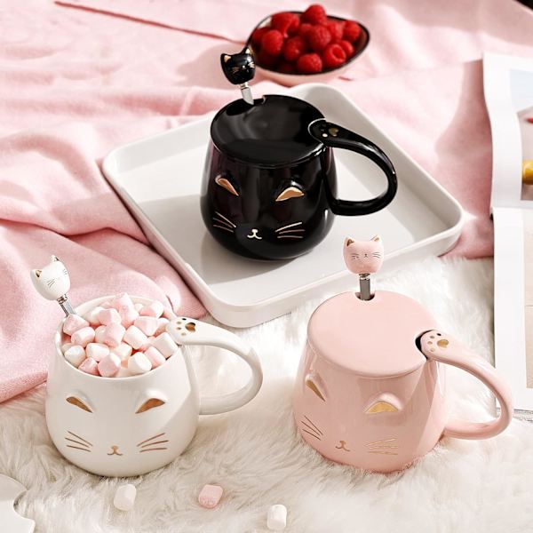 Kattmuggar Set med 2 söta katt tekopp set keramik kaffemugg med lock och sked muggar för flickor kattälskare 13oz/380ml Jul födelsedagspresentmugg