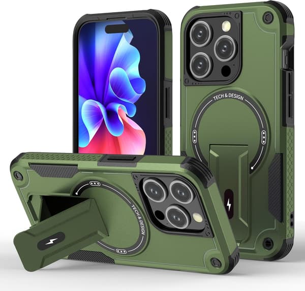 Magnetisk iPhone-deksel med stativ, MagSafe-kompatibel, robust innebygd stativ, støtsikker med militærgradert fallbeskyttelse for iPhone GG iPhone 14 Pro Max Green