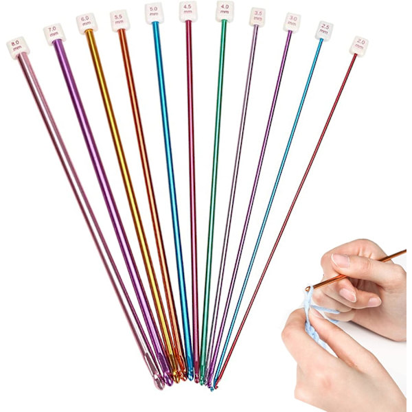 Virka nålar 11 delar virka set, flerfärgade aluminium stickor för vävverktyg 2 till 8mm flerfärgade