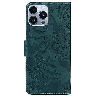 Tiger-preget læderetui til iPhone 14 Pro Max (Grønn)