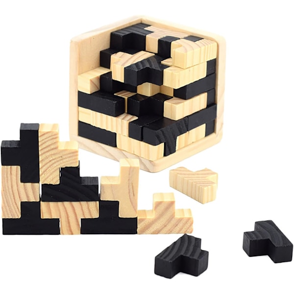 Trä Brain Teaser Pussel Kub Påskkorg Fyllning Träpussel T-Format Jigsaw Logik Pussel Pedagogisk Leksak för Barn och Vuxna T-shaped