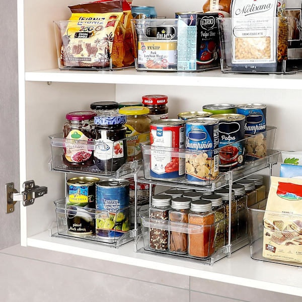 2 Set, 2-nivåers genomskinlig arrangör med avdelare för skåp, MultiUse utdragbar förvaringsbehållare, medicinförvaringsbehållare, under diskbänksorganisering