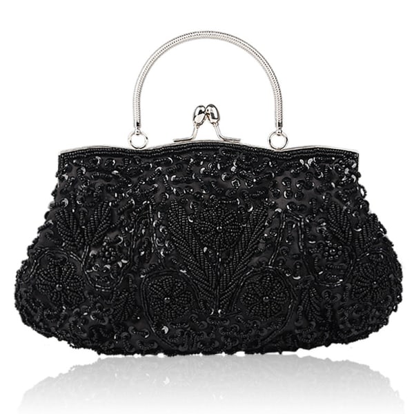 Blommig Designer Evening Bag Pärlstav Paljettdesign Vintage Satin Clutch Black