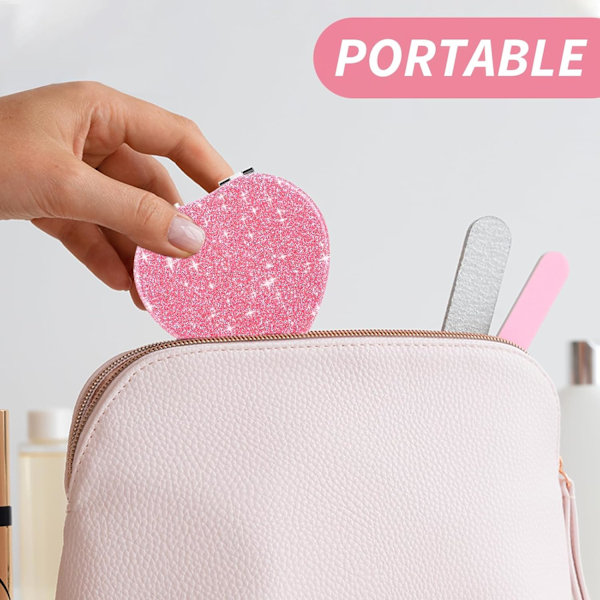 Kompakt Spejl til Taske, Hjerteformet Dobbeltsidet 1X/2X Forstørrende Glitter Mini Makeupspejl Rejse Bærbar