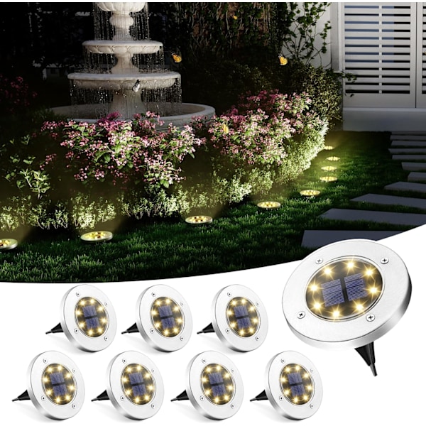 Solcellsmarklampor, 8-pack Vattentäta Solcellslampor Utomhus, 8 LED Solcellsdrivna Landskapsbelysning för Trädgård, Gräsmatta, Patio, Stigen, Uppfarten Warm White