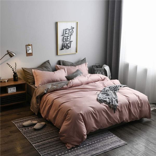 Överdrag Dubbelsäng Set, 4 Delar Mikrofiber Enfärgad Mönstrad Rutig Sängkläder Set med 2 örngott och 1 lakan, 220x240cm Pink