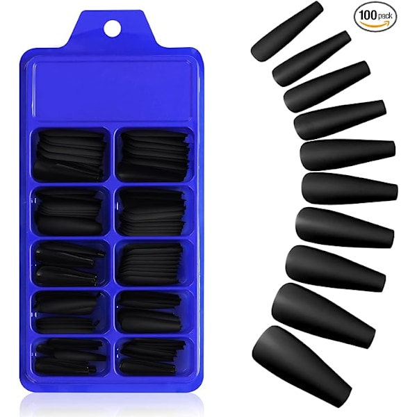 Mat Akryl Fake Negle Tips Sæt Kit 100 Stykker Falske Fingernegle Forlængelse Lange Kiste Ballerina Fuld Dækning DIY Dekorationer black