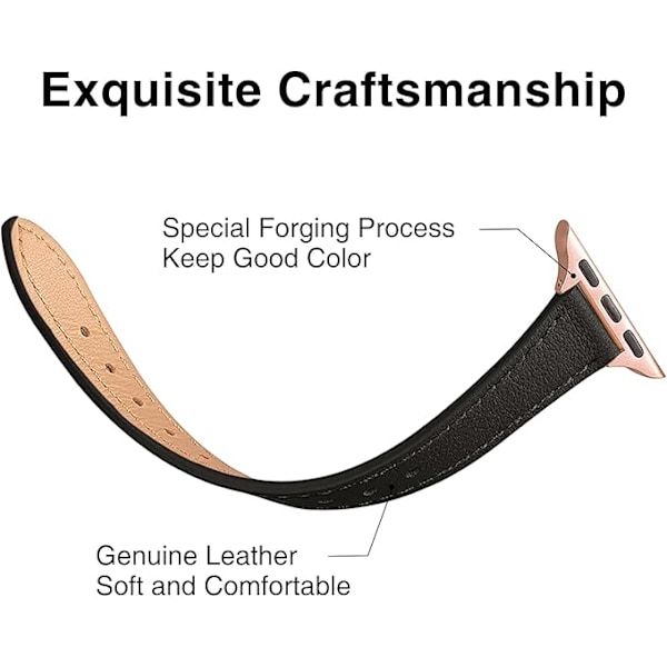 Læderrem Kompatibel med Apple Watch Remme 41mm 40mm 38mm 44mm 45mm 46mm 42mm 49mm, Ægte Slank & Tynd Læder Udskiftningsrem 10-1/SE Black&Rose Gold 42mm-44mm-45mm