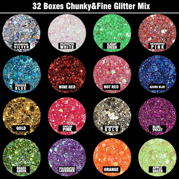 Rave Festival Blandning av Grovt och Fint Glitter, 32 Färger Iridescent Löst Glitter, Kosmetiskt Smink Ansikte Kropp Hår Glitter