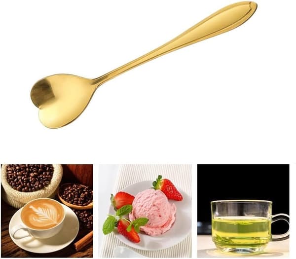 Sæt med 5 hjerteformede guldfarvede skeer i rustfrit stål til kaffe, desserter og te - Ideel til sukker, omrøring, is og kage 5 tommer Golden 5pcs