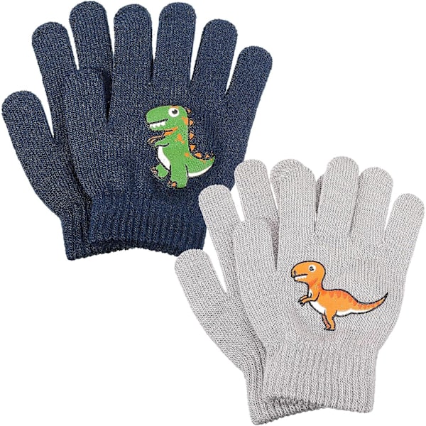 2 st stickade vinterhandskar - magisk stretch mjuk varm termisk full finger barn dinosauriemönster för pojkar flickor, marinblå och grå, svart, 6X3,34 tum