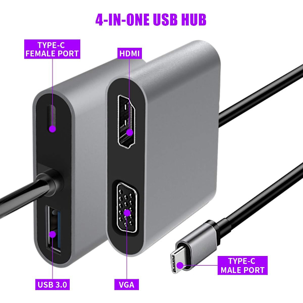 USB C - Type C, 4-in-1 USB-keskittimet, kaksoisnäyttö, USB C - 4K HDMI/HDTV, VGA-sovitin, USB 3.0 -lataus